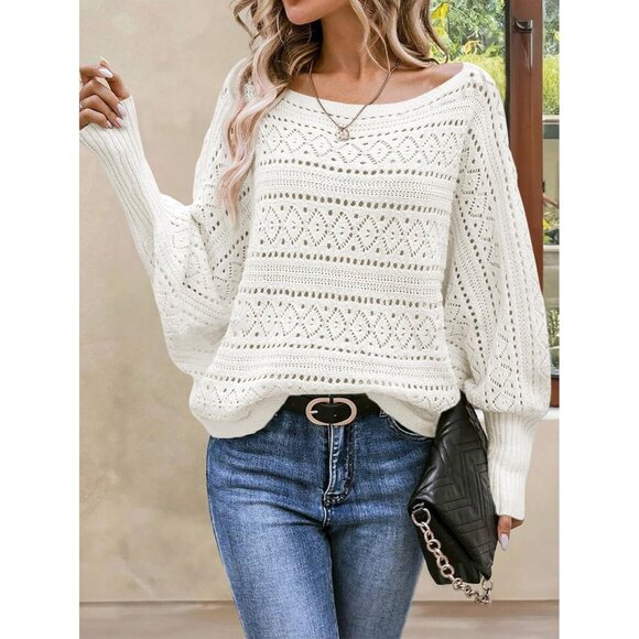 Womens Off Shoulder Knit Sweater Top Oversized Batwing Fall Casual Stylish - Picture 5 of 8